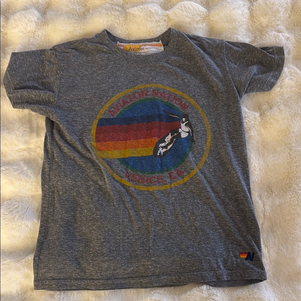Aviator Nation Gray Short Sleeve Tee with Rainbow Graphic
